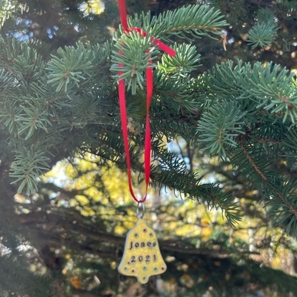 Handmade stamped bell silver personalized holiday Christmas aluminum‎ ornament